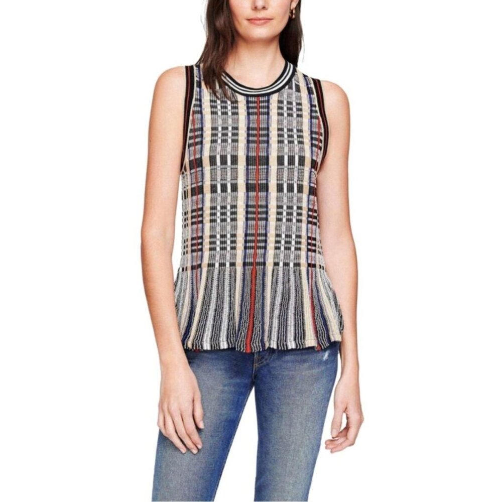 White + Warren Plaid Ruffled Hem Peplum Sweater Tank